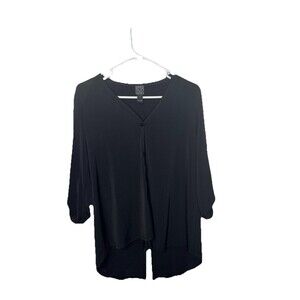 Clara Sun Woo Tunic Button Up 3/4 Sleeve Solid Black Flowy Small